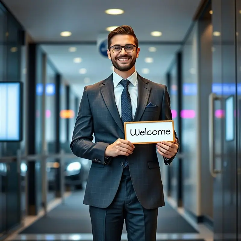 AlloTaxi driver waiting with a name sign in the arrivals hall at CDG airport