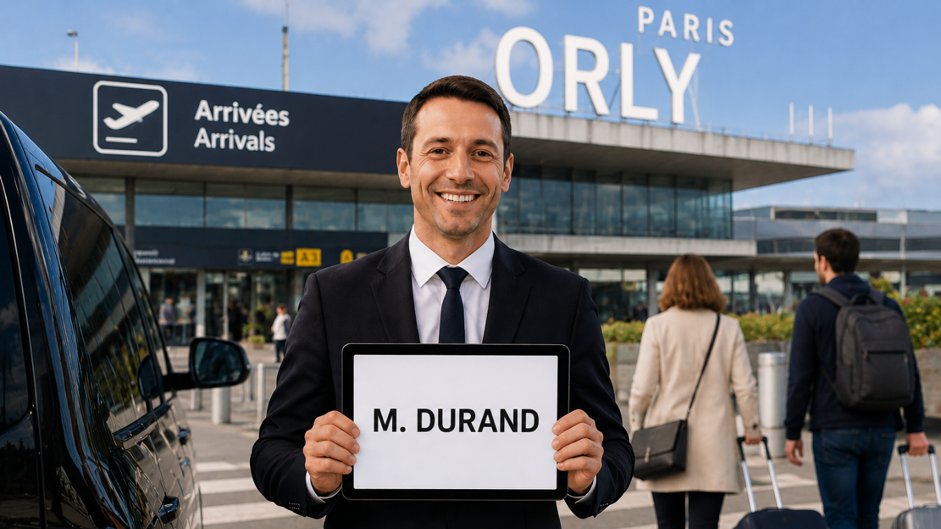 Chauffeur AlloTaxi avec pancarte d'accueil au nom du voyageur à l'aéroport Paris Orly