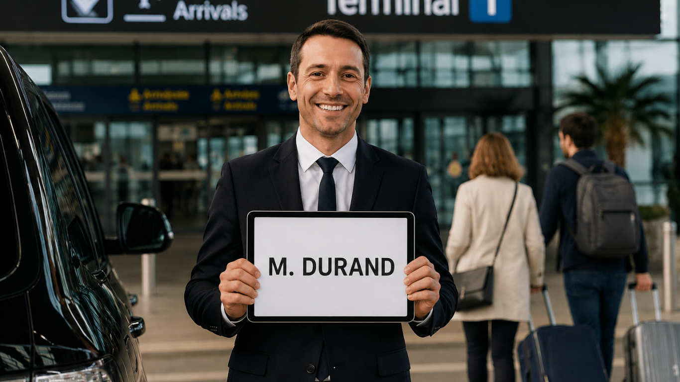 Chauffeur AlloTaxi avec pancarte d'accueil au nom du voyageur à l'aéroport Nice Côte d'Azur