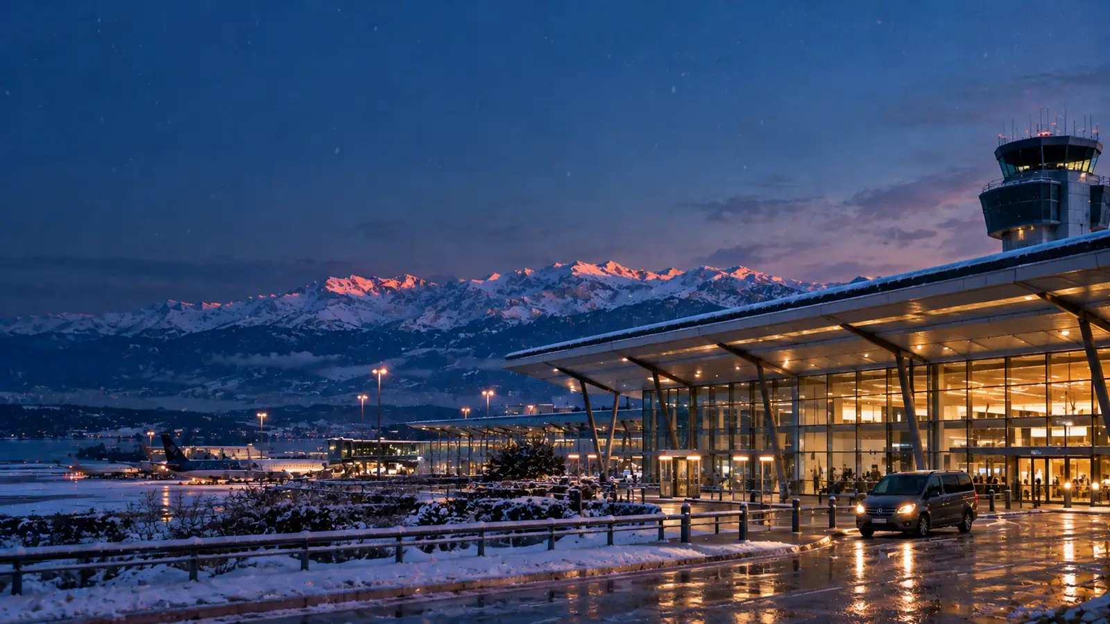 Terminal d'aéroport enneigé au crépuscule face aux Alpes, avec un van de transfert devant les arrivées