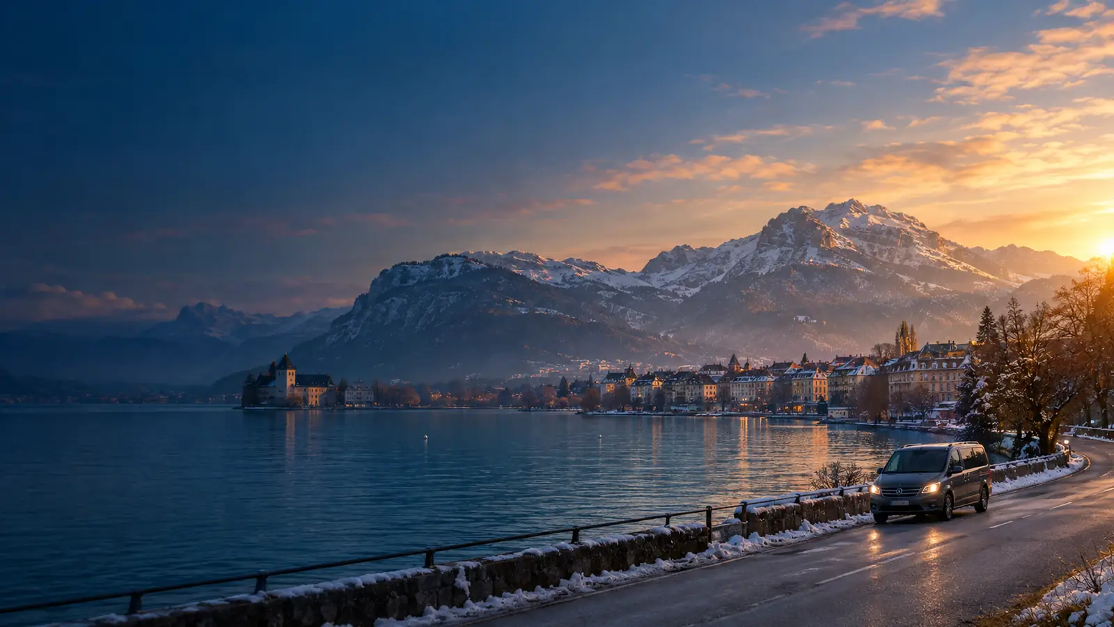 Lac d'Annecy au coucher du soleil, montagnes enneigées et van de transfert sur la route du lac