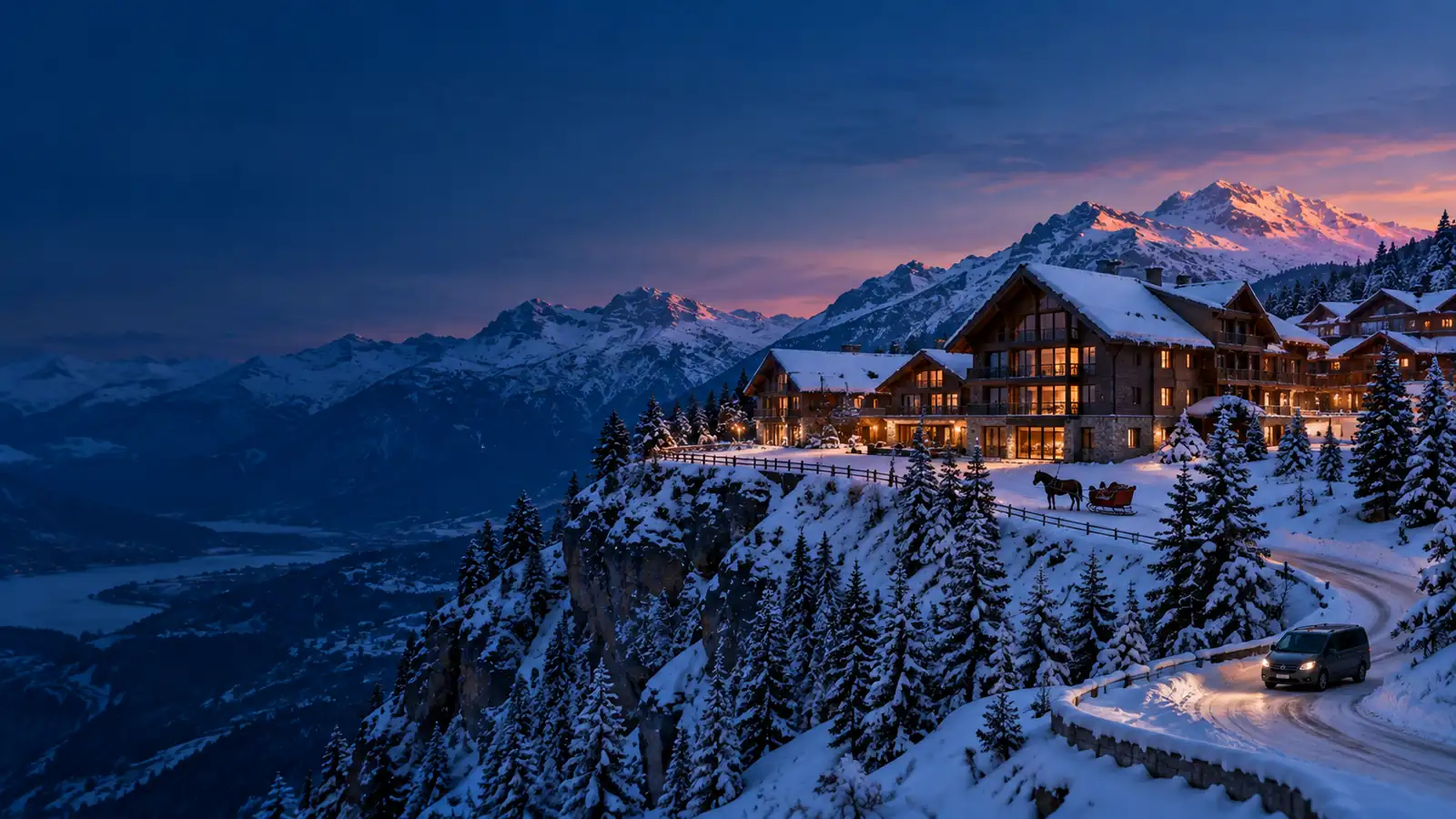Route enneigée en lacets vers une station de ski au crépuscule, traîneau à cheval et van de transfert