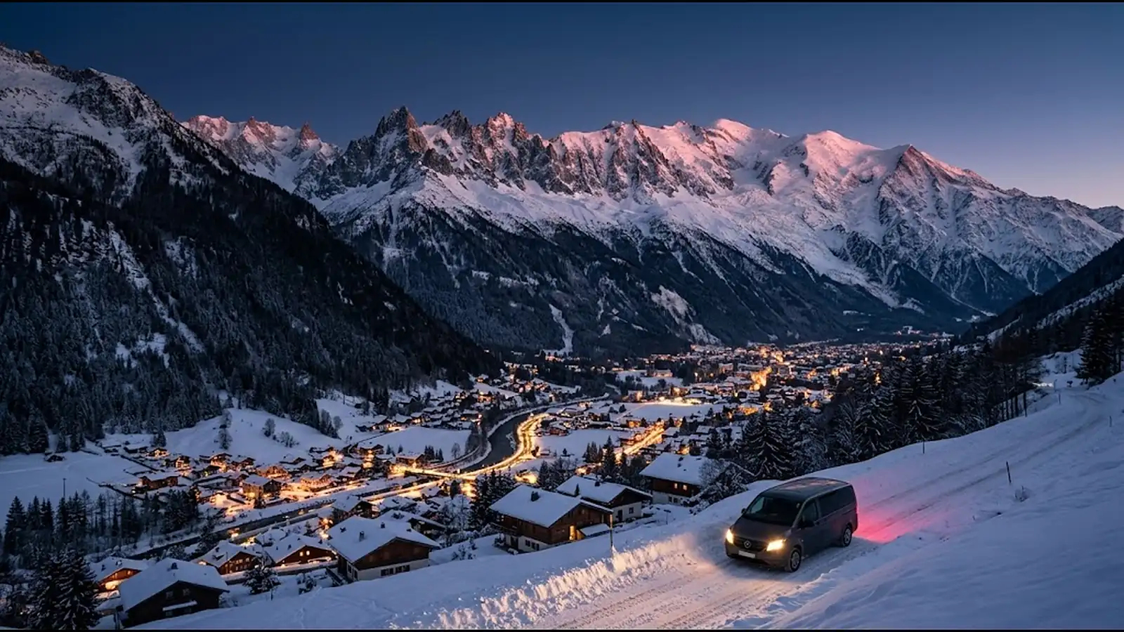 La vallée de Chamonix au crépuscule sous les sommets enneigés du massif du Mont-Blanc, avec un van de transfert sur la route