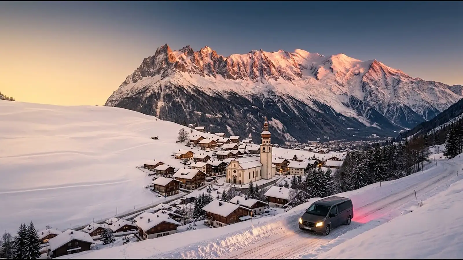 Village de montagne enneigé avec son église à clocher à bulbe, face au massif du Mont-Blanc, et un van de transfert sur la route