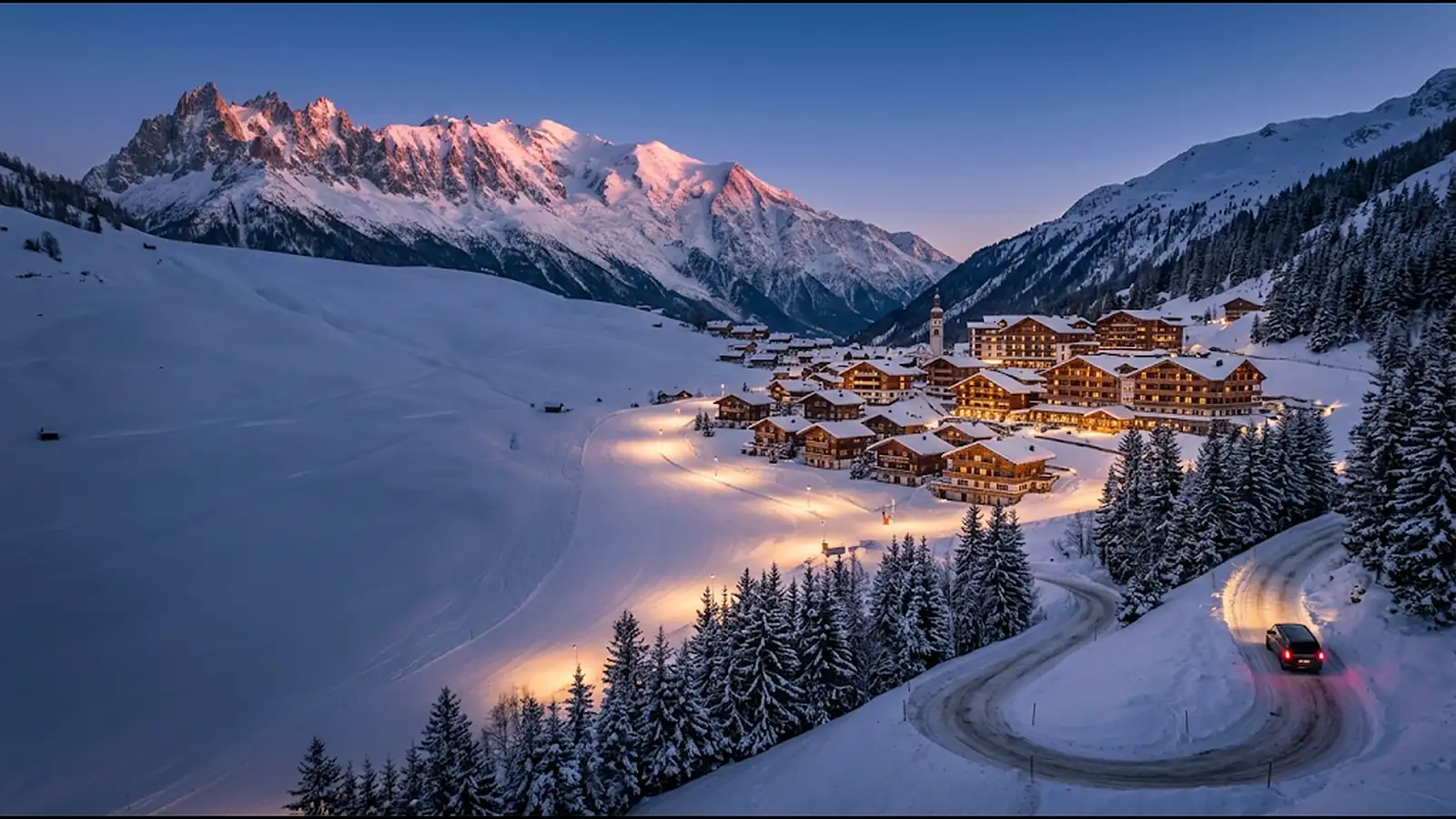 Ski resort chalets and hotels lit up at dusk below snowy peaks, with a transfer van climbing a hairpin road
