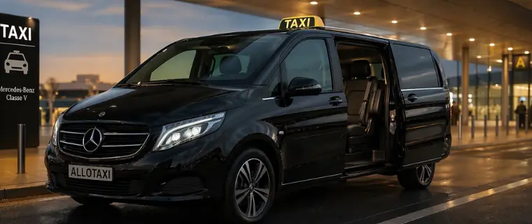 Van taxi 7 places, portes ouvertes, prêt à charger skis et valises pour Flaine