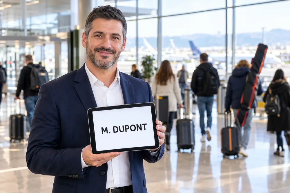 Chauffeur de taxi tenant une tablette avec le nom de son client dans le hall des arrivées de l'aéroport Lyon Saint-Exupéry