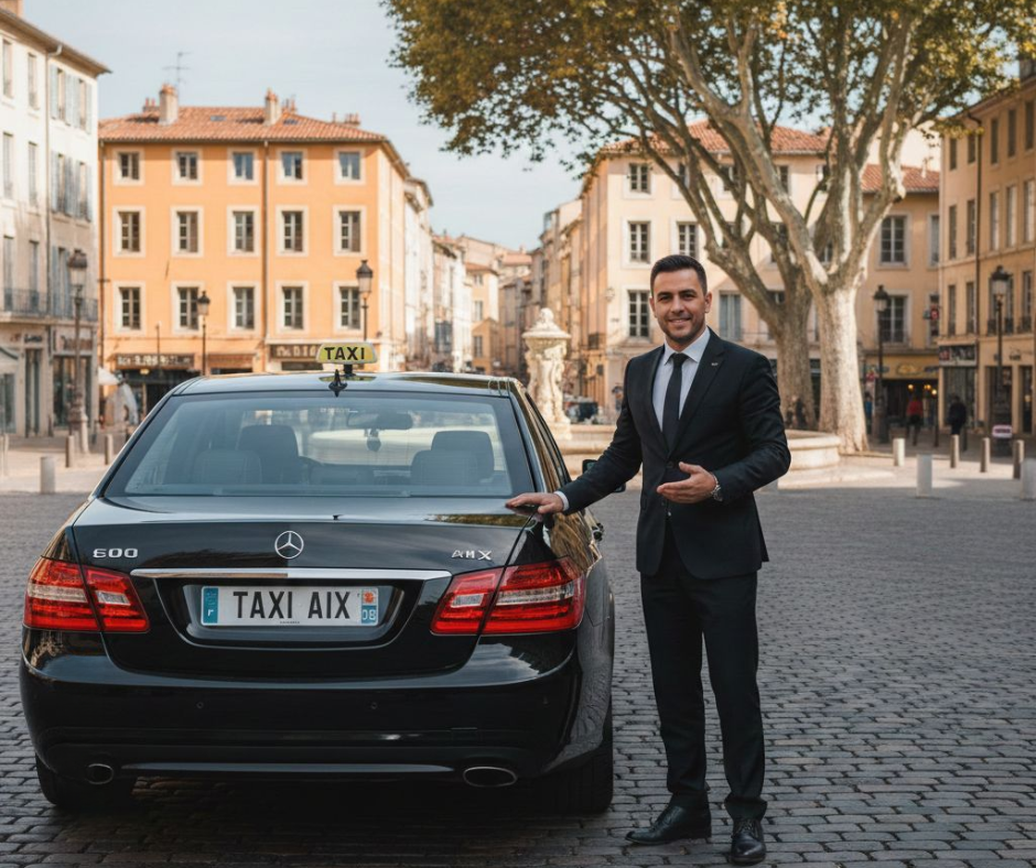 taxi aix en provence - chauffeur professionnel en costume devant paysage d'Aix-en-Provence