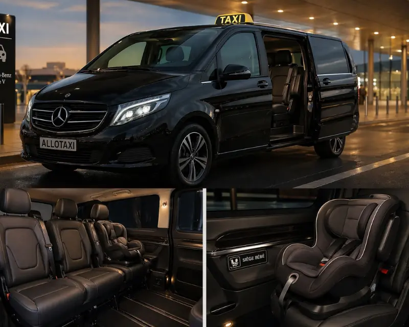 Child car seat fitted in an AlloTaxi taxi for a transfer from CDG