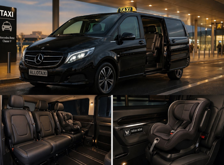 Famille avec siège bébé montant dans un van AlloTaxi BaySafe Cab